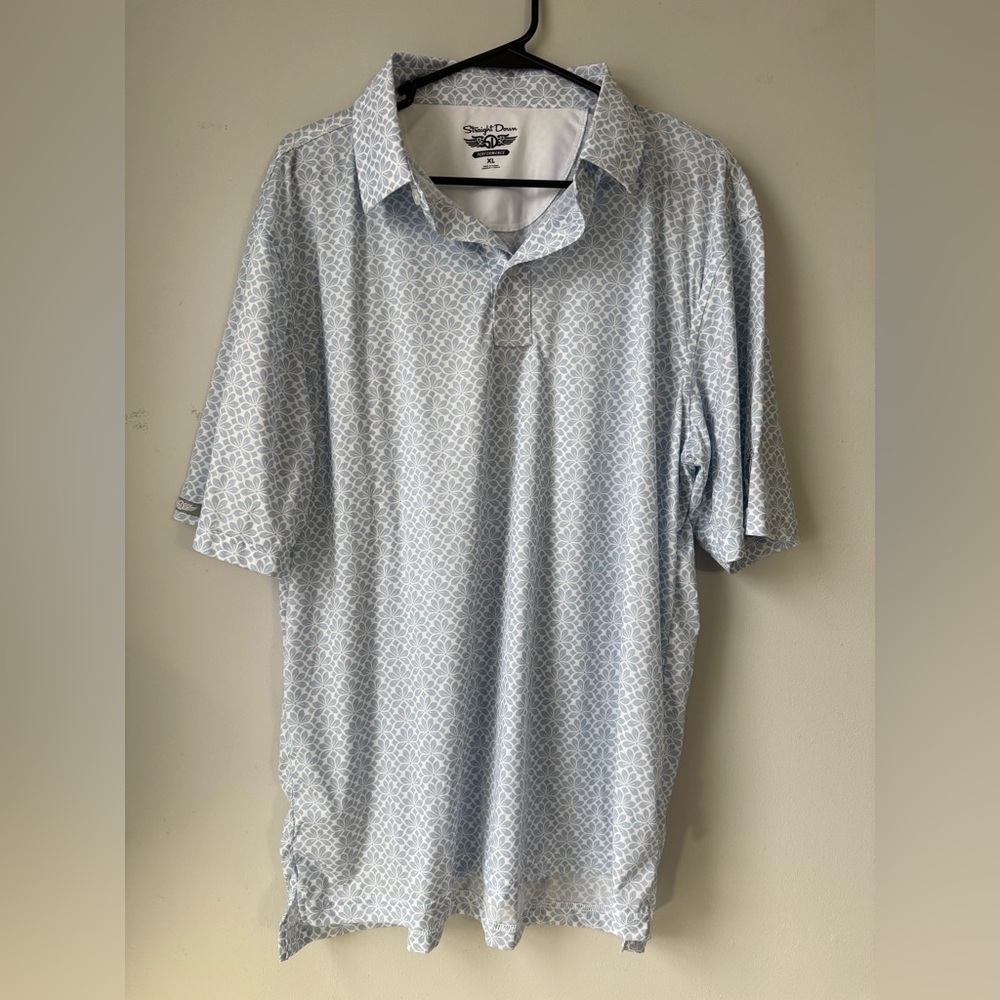 Straight Down Performance Polo Light Blue White Patterned Floral Shirt Size XL